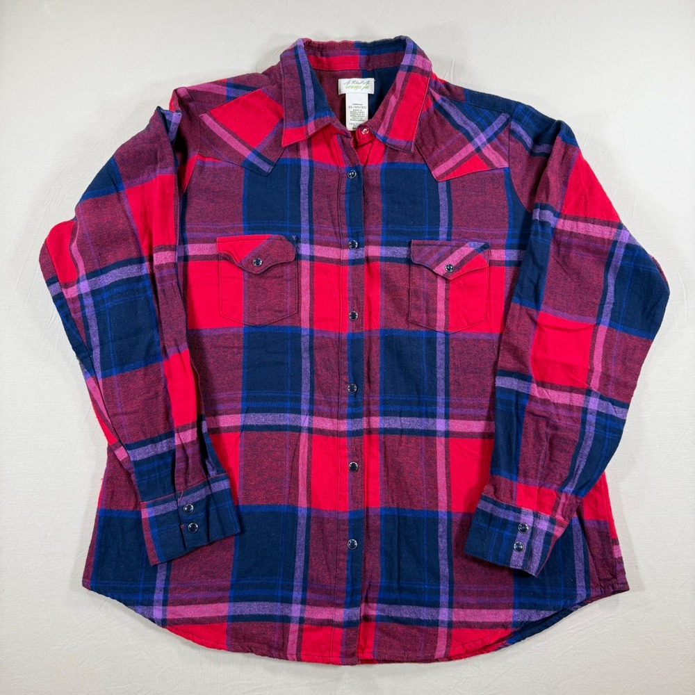 As Real As Wrangler Womens XL Red Navy Plaid Western Flannel Snap Shirt LRW834M